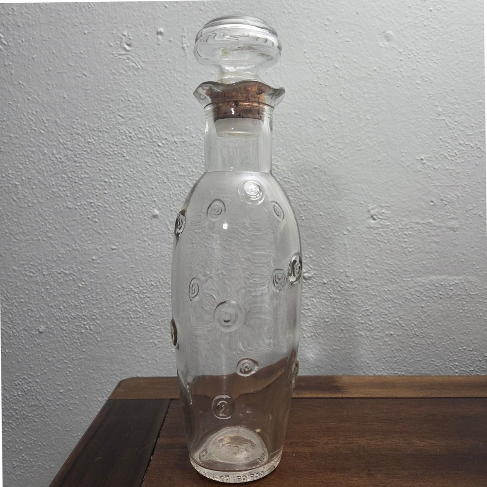 Vintage MCM Glass 3D Swirl Spiral Medallion Snail Decanter Bottle with Stopper